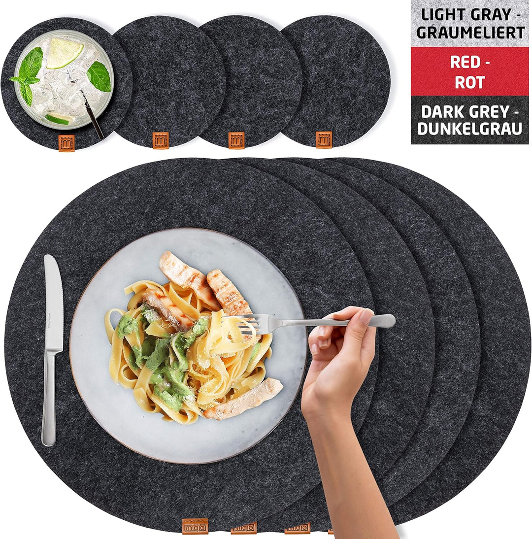 Miqio® Design Runde Tischsets aus Filz abwaschbar | Mit Marken Echtleder Label und Glasuntersetzer |