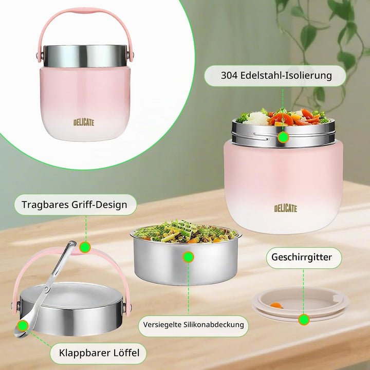 Thermobehälter für Essen 1200ml Edelstahl Warmhaltebehälter mit Faltbaren Löffel Thermobecher Essen