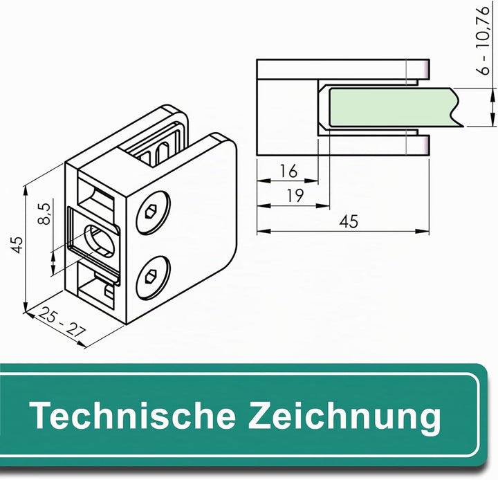 PRIOstahl Glashalter Glasklemmen Abstandhalter Klemmhalter - 4 Stück 45 x 45 x 26 mm Anschluss: Flac