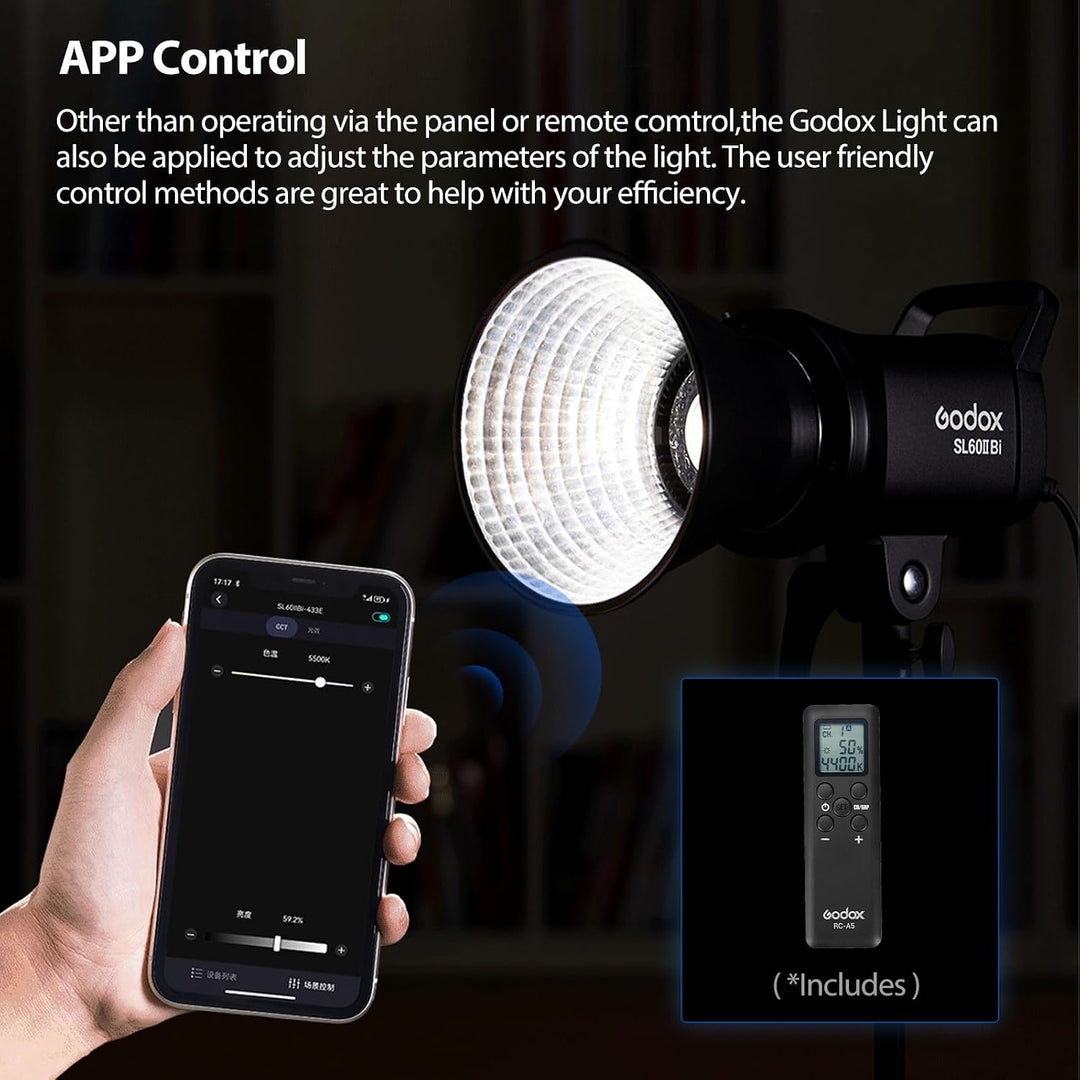 Godox SL60II-Bi LED Video Light 2800K-6500K Bi-Color Continuous Light with APP&Remote Control + PS60