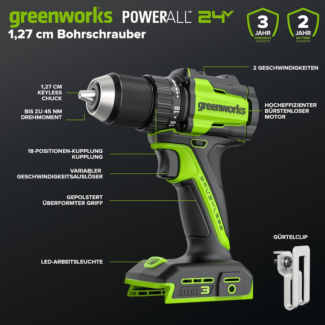 Greenworks 24V Akku-Bohrschrauber Bürstenlos 45 Nm, Leichtgewicht, LED-Licht, 18+1 Drehmomentstufen,