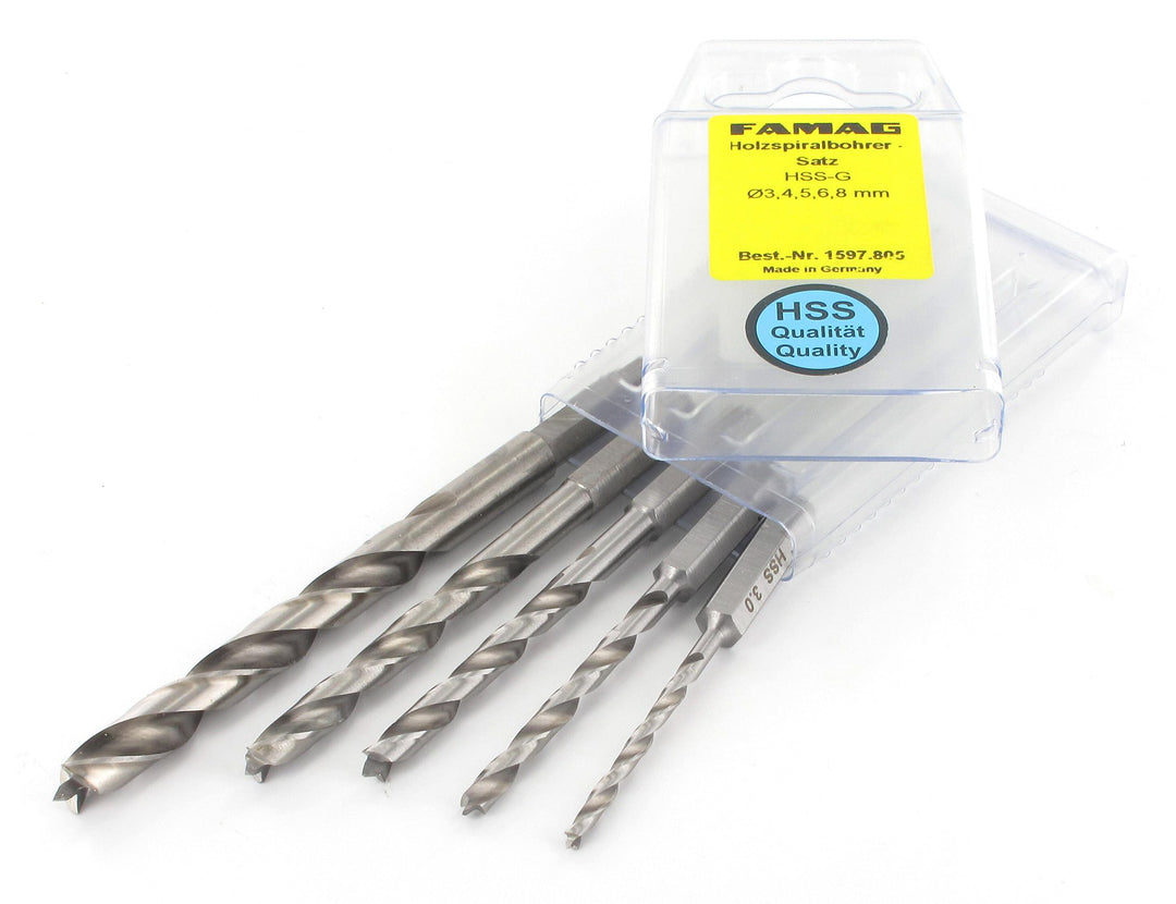 Holzspiralbohrer-Bitsatz lang 5-teilig. Ø 3, 4,5,6 und 8mm. Im Blister. Satz 5-teilig. Ø 3, 4 ,5 ,6