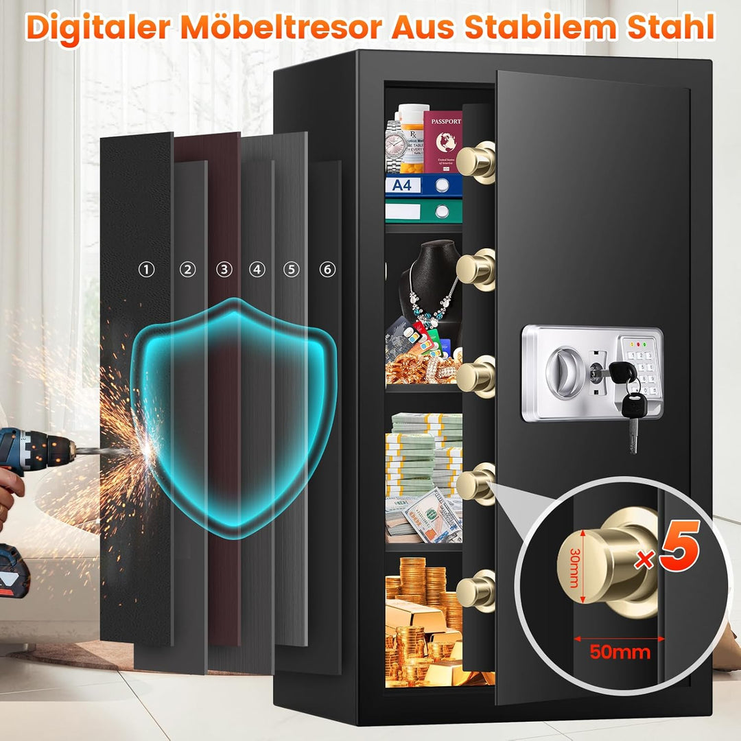Extra Grosser Safe Tresor Feuerfest mit Feuerfeste Dokumententasche&3 Herausnehmbares Regal, 102L Ro