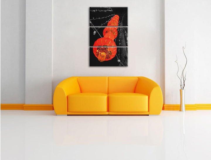 Pixxprint Klassische chinesische Lampions schwarz/weiss 3-Teiler Leinwandbild 120x80 Bild auf Leinwa