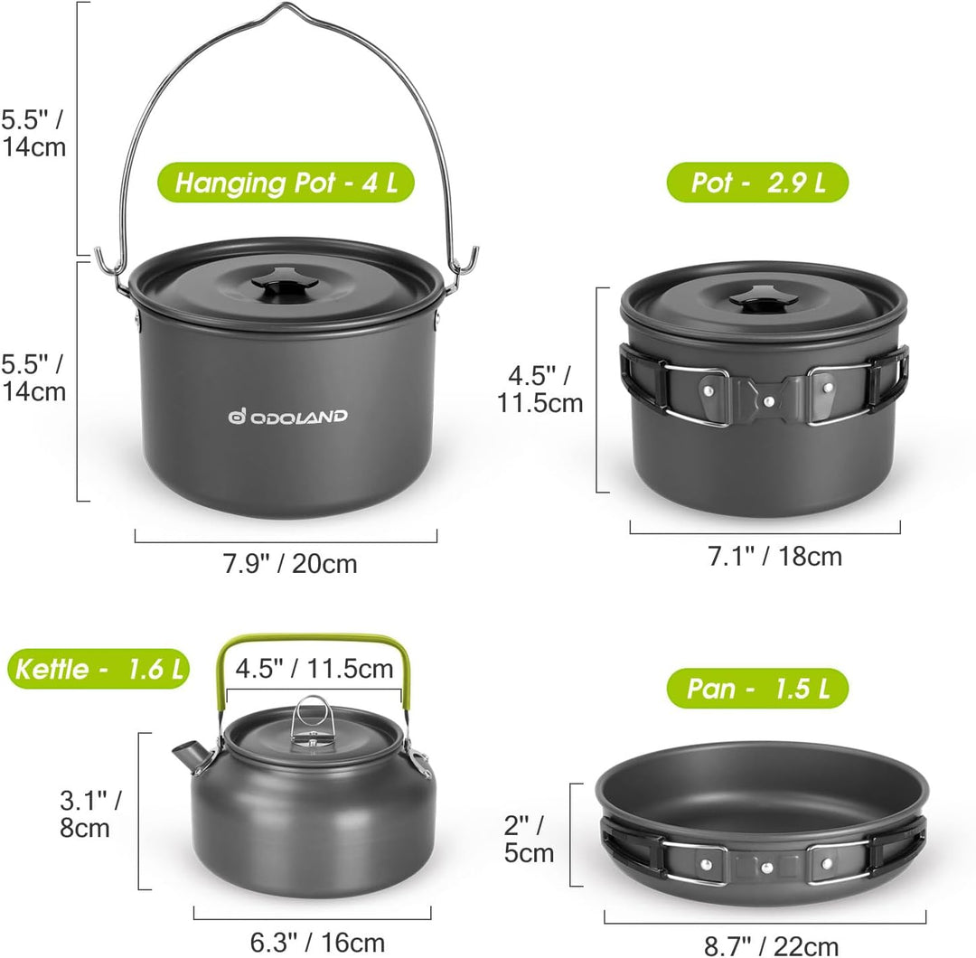 Odoland Camping Geschirr Set, Kochgeschirr für Outdoor Kochen für Camping, Rucksacktourismus, Kochen