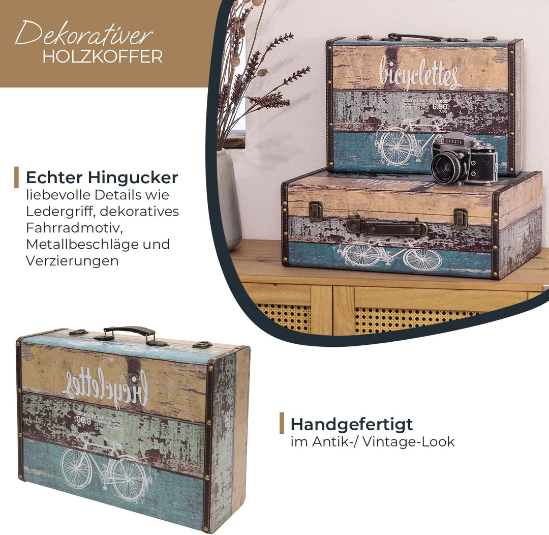 HMF VKO106 Vintage Koffer aus Holz | 44 x 32 x 16 cm | Gross | Deko Fahrrad 44 cm Fahrrad, 44 cm Fah