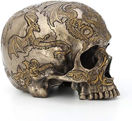 Veronese Design Distel fliegender Drache mit Totenkopf, kaltgegossenes Kunstharz, Bronze-Finish, 14