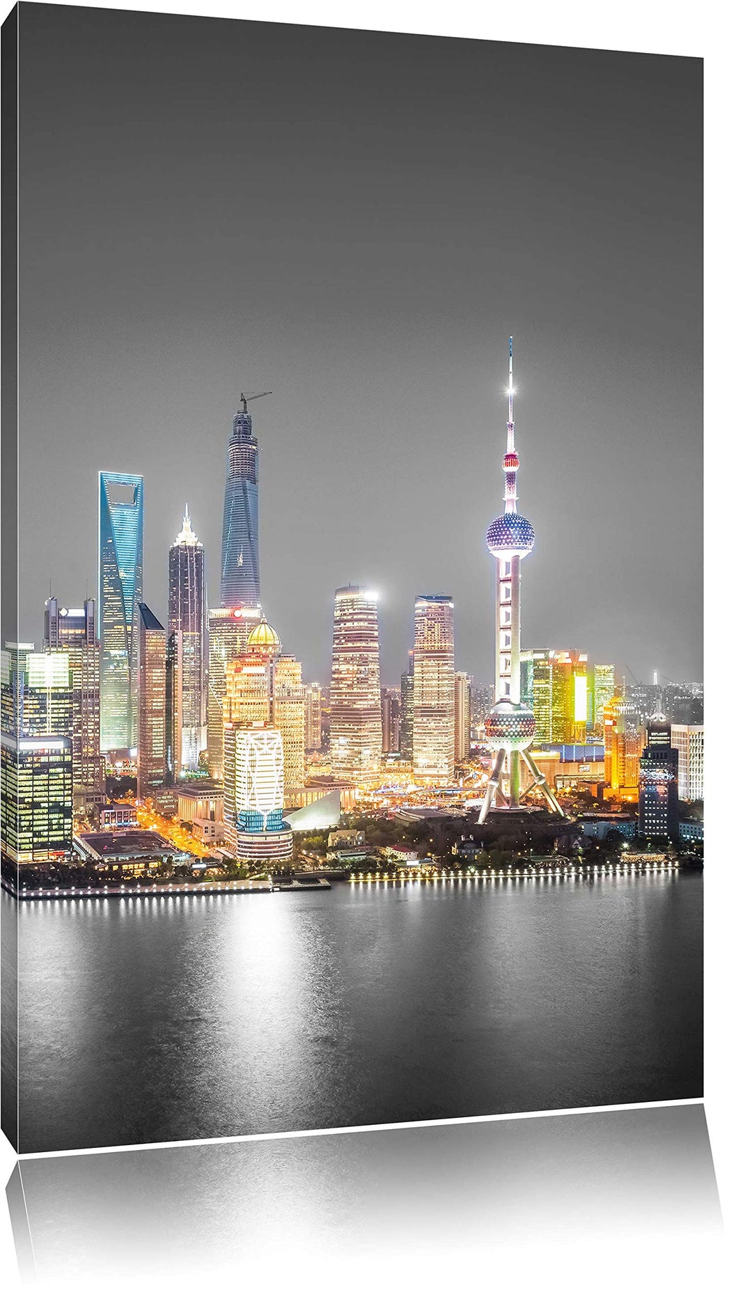 Pixxprint Shanghai Skyline bei Nacht als Leinwandbild/Grösse: 100x70 cm/Wandbild/Kunstdruck/fertig b