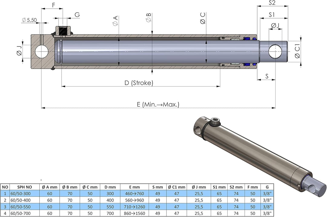 Hydraulik-Zylinder einfachwirkend mit Querbohrung (Ø 25, Hub mm : 200) Ø 25 Hub mm : 200, Ø 25 Hub m