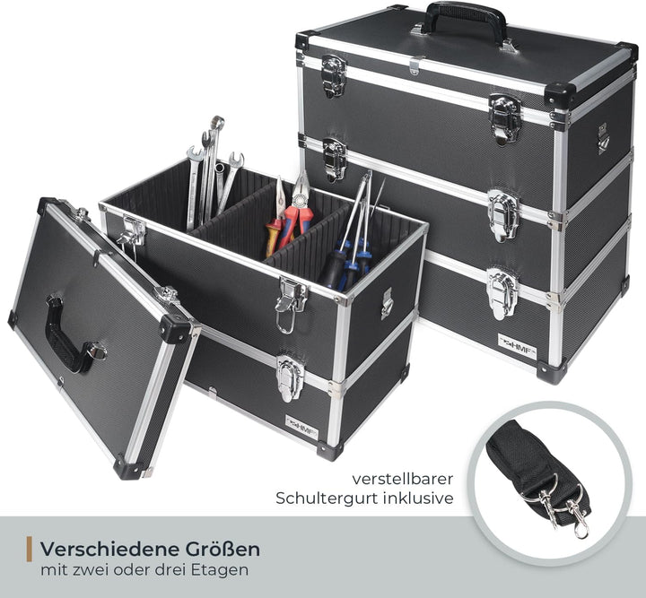 HMF 14660-02 Alu Werkzeugkoffer leer, 2 Etagen, 44 x 32,5 x 24 cm, schwarz, 2 Etagen