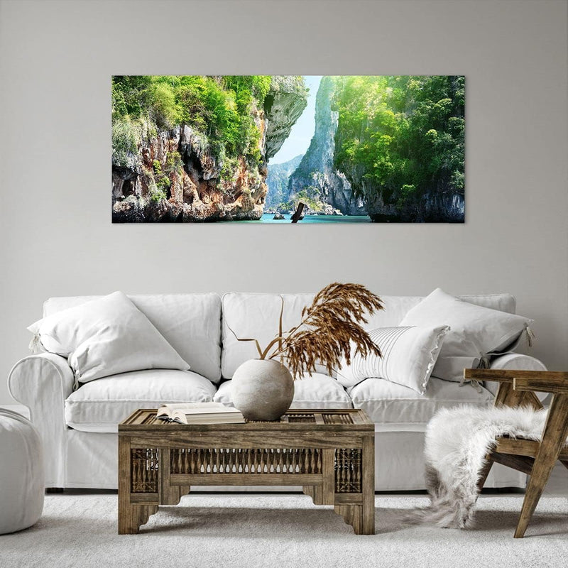 Wandbilder Dekoration Wohnzimmer Boot Klippen Natur Felsen Panorama Bilder auf Leinwand 120x50cm Lei