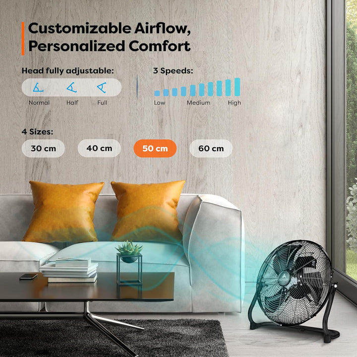 TRESKO AERSON Bodenventilator 50cm | Windmaschine mit 3-Leistungsstufen 120W | Standventilator Venti