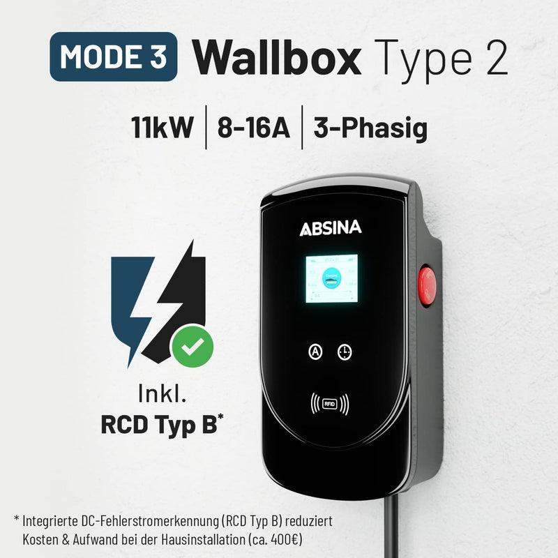 ABSINA Wallbox 11kW mit Typ 2 Ladekabel 5 Meter - Ladeleistung einstellbar bis 16A - 1 & 3 phasig da