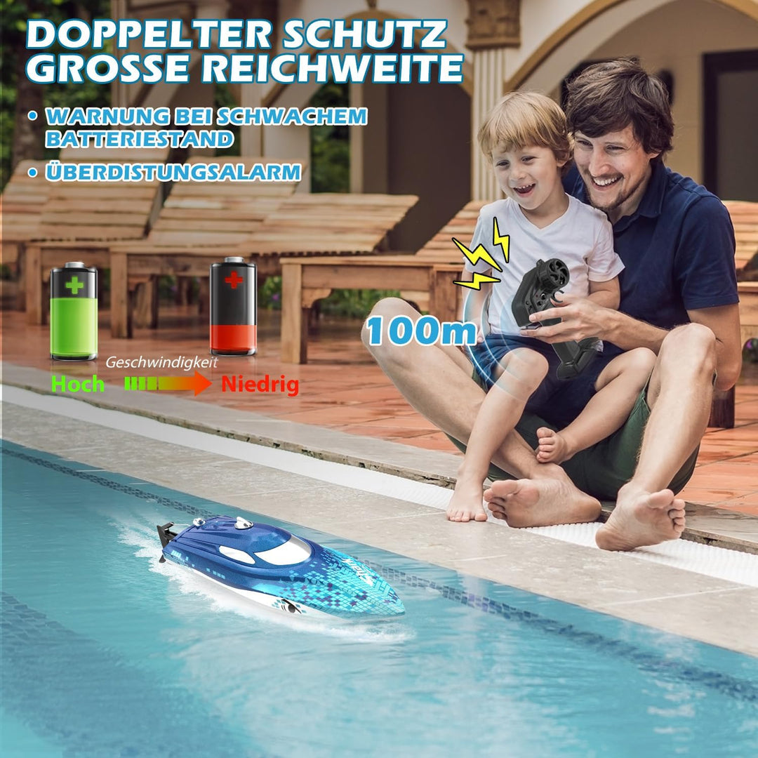 DEERC RC Boot mit LED-Licht,ferngesteuertes Haiboot für Pools und Seen, 20+ km/h RC-Boot, 2,4-GHz-Re