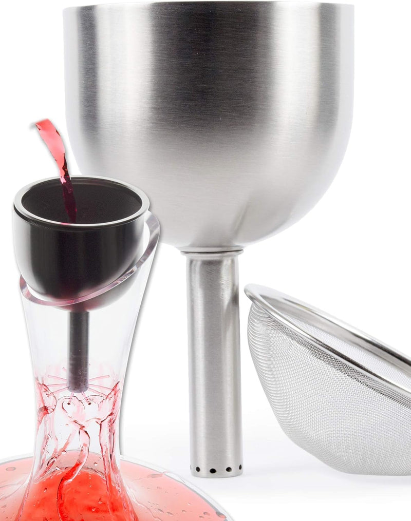 3in1 Trichter mit Sieb - Edelstahl Weinbelüfter + Dekantierausgiesser + Karaffe Dekanter Filter - Ve
