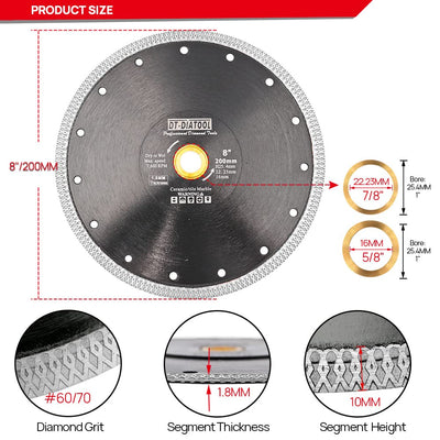 DT-DIATOOL Diamant Trennscheibe 200 mm x 25,4 mm/22,23 mm/16mm Sägeblatt mit X Mesh Turbo für Porzel