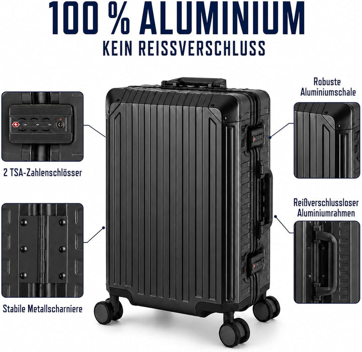 Travelhouse 100% Aluminium Reisekoffer Schwarz M-66cm Hartschalenkoffer 2X TSA Zahlenschloss 4 Silen