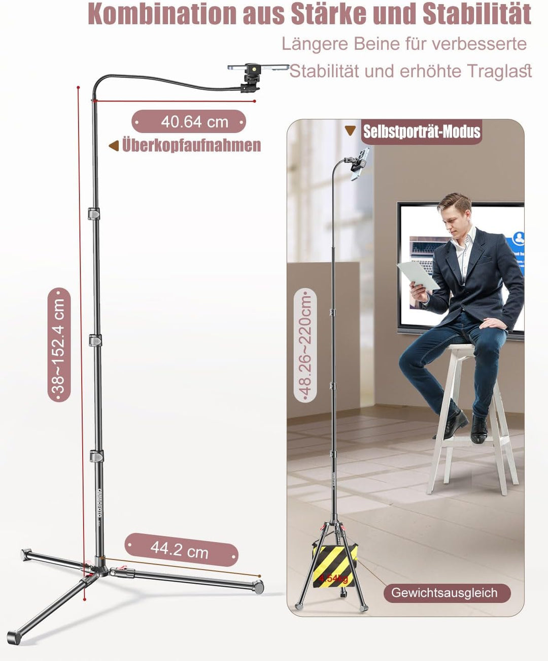 CAMBOFOTO 220cm Handy Stativ für Smartphone, 40cm Schwanenhals und Einstellbarer 360°-Kopf, Selfie S