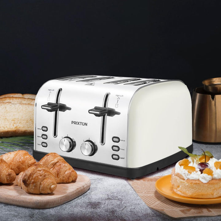 PRIXTON 4 Slice Toaster 1900W mit 4 extra breiten Schlitzen, Edelstahl, 7 Bräunungsstufen, Auftau- u