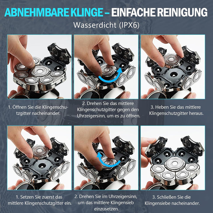 Glatzen Rasierer Herren Elektrisch, IPX6 Wasserdicht 9D Flexibler Glatzenrasierer, 6 in 1 Kopfrasier