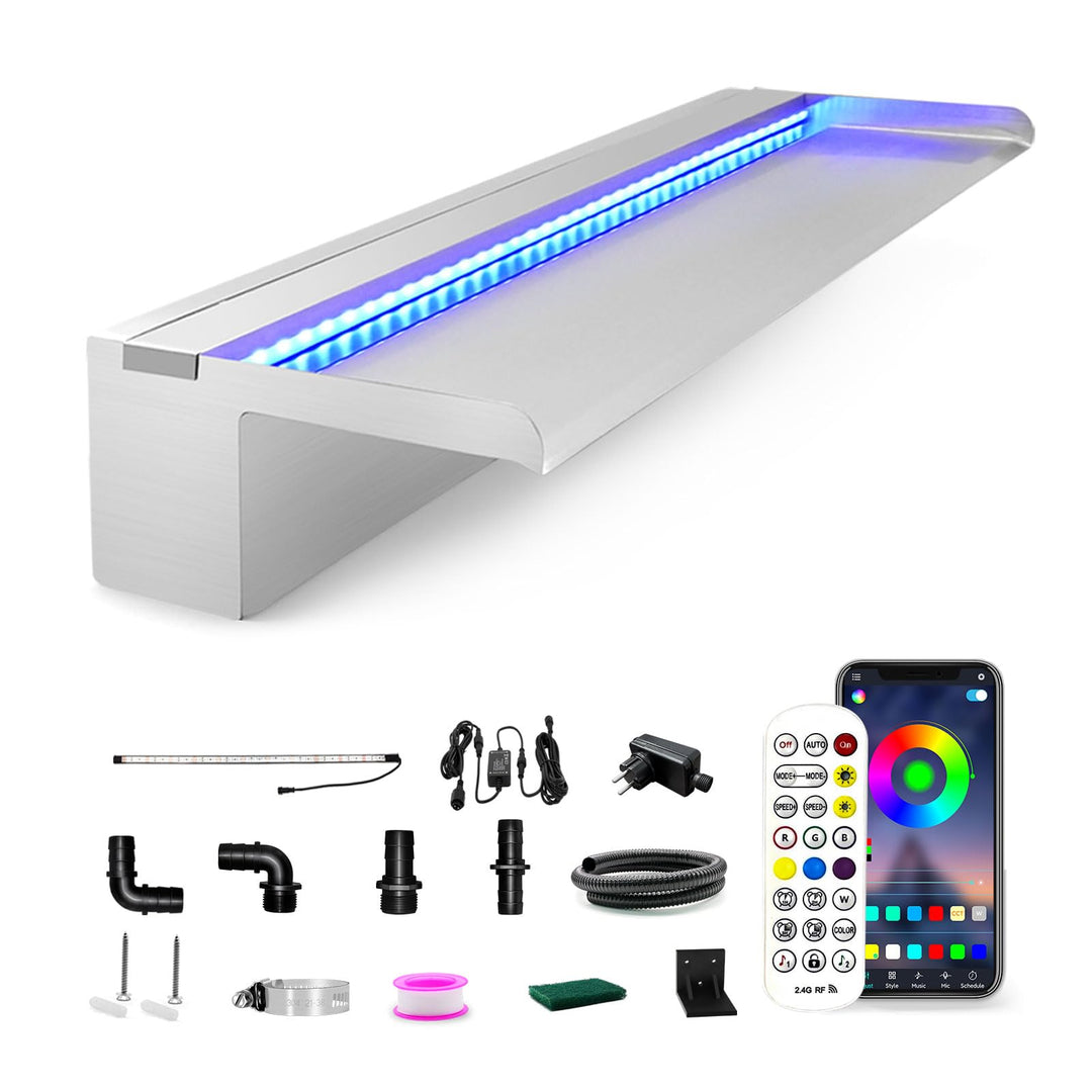 LONGRUN Edelstahl Wasserfall Überlauf, APP Kontrolle Multi-Farben LED-Licht Draussen Pool Brunnen, K