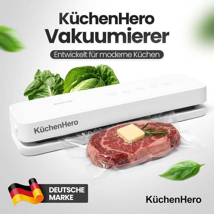 Vakuumierer mit Glasoberfläche & Touch – Premium Vakuumiergerät Weiss – Inkl. 10 Beutel & Schlauch –