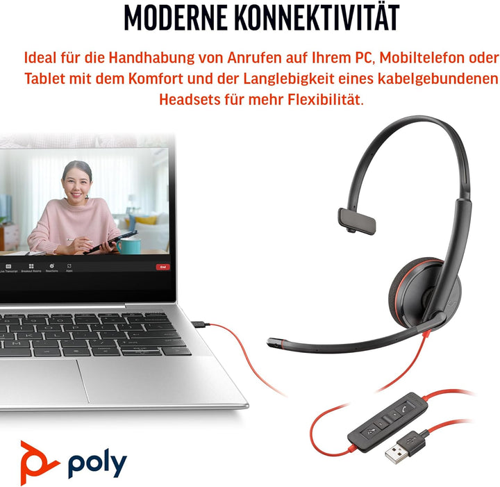 Schnurgebundenes USB-C-Headset Poly Blackwire 3210 – Noise Cancelling-Mikrofon – Ein-Ohr-Design – Ve