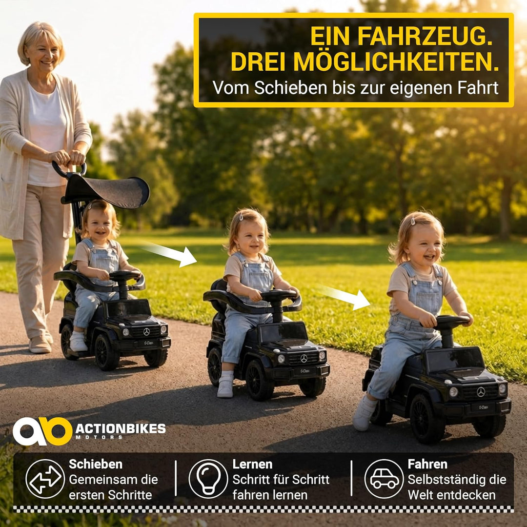 Actionbikes Motors Lauflernwagen Mercedes G350d | Rutschauto mit Schiebestange Schutzbügel Sonnendac