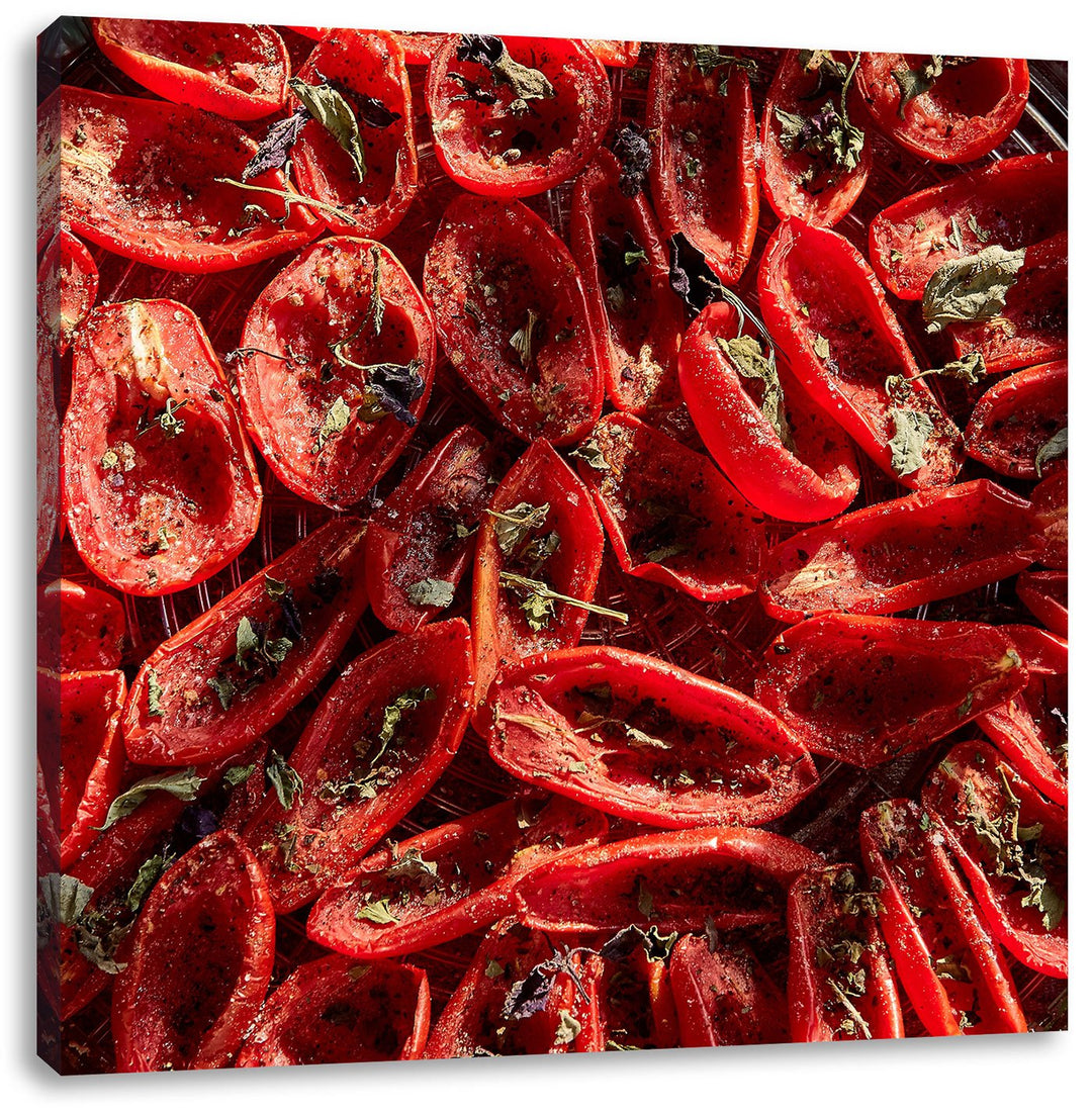 Pixxprint Tomaten Olivenöl Kräuter als Leinwandbild/Grösse: 70x70 cm/Wandbild/Kunstdruck/fertig besp