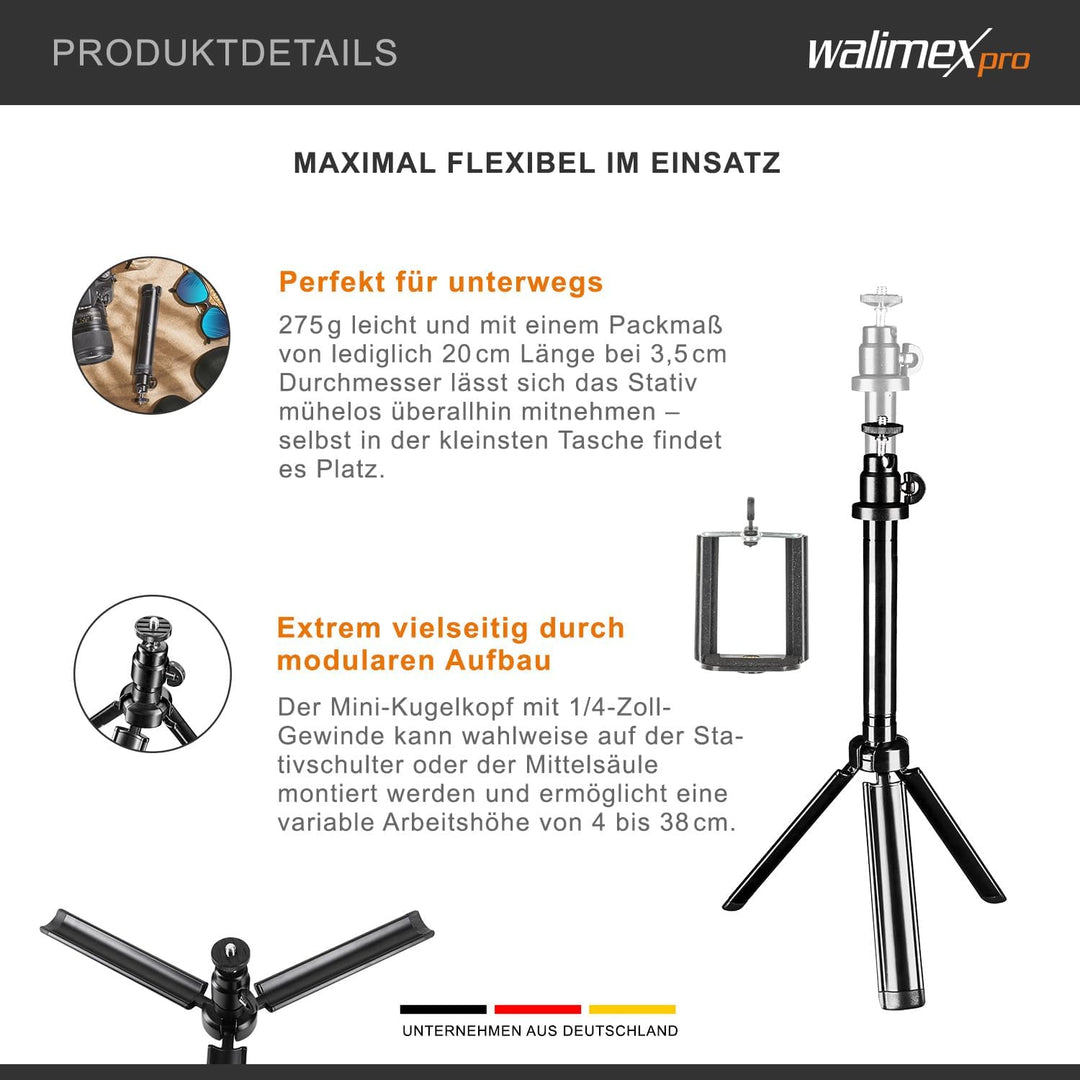 Walimex pro Easy 38 Tischstativ und Kamerastativ, höhenverstellbares Tripod Stativ 4-38 cm für Kamer