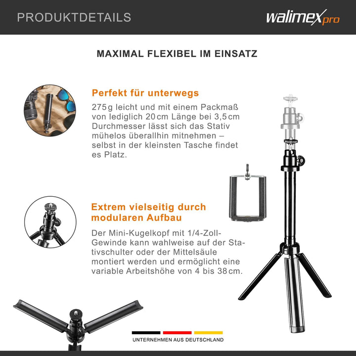 Walimex pro Easy 38 Tischstativ und Kamerastativ, höhenverstellbares Tripod Stativ 4-38 cm für Kamer