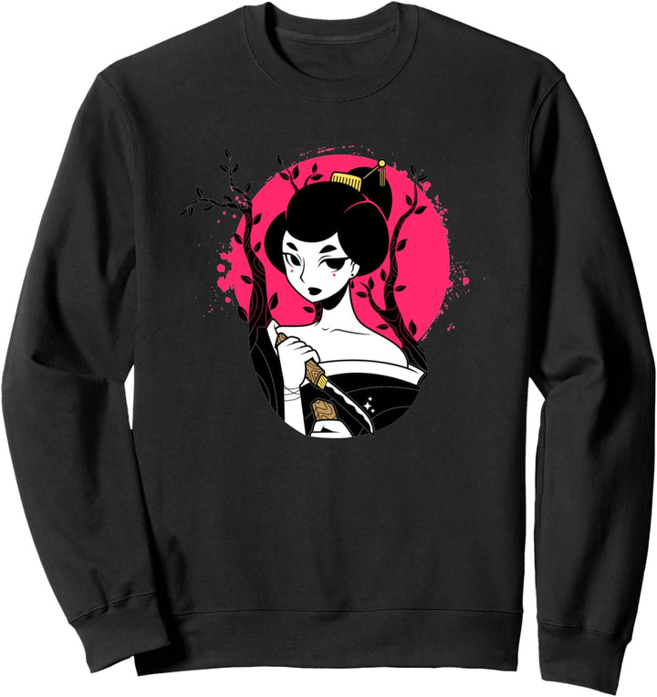 Schöne japanische Geisha, die einen Tanto mit roter Sonne Sweatshirt