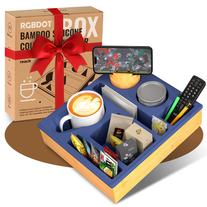 Couch bar Snack box Silikon sofatablett mit 360 Grad Drehbar Handyhalter beistelltisch mit Holz Sofa
