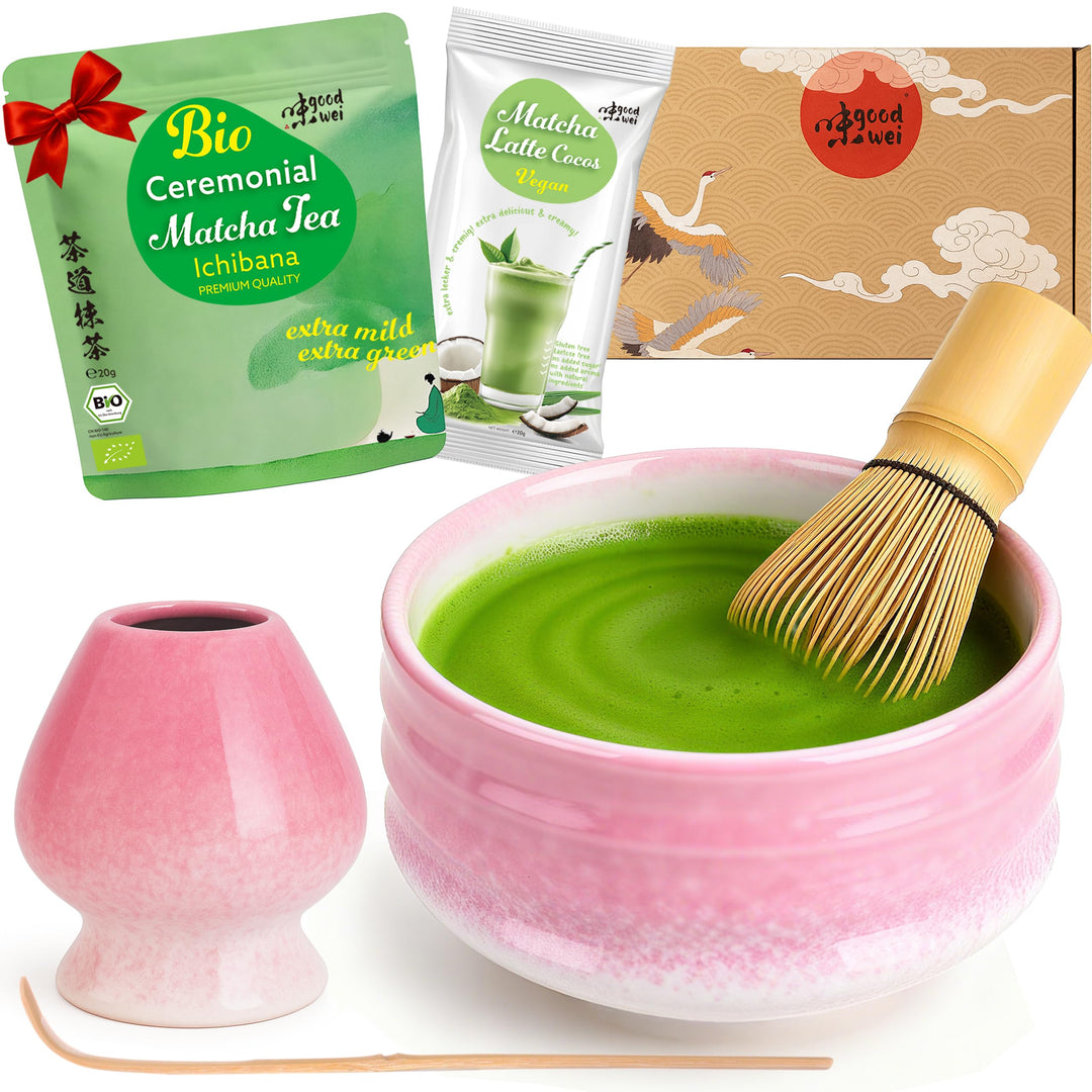 Goodwei Matcha Set mit Tee - Matchaschale Chawan aus Keramik, 80er Matchabesen, passendem Besenhalte