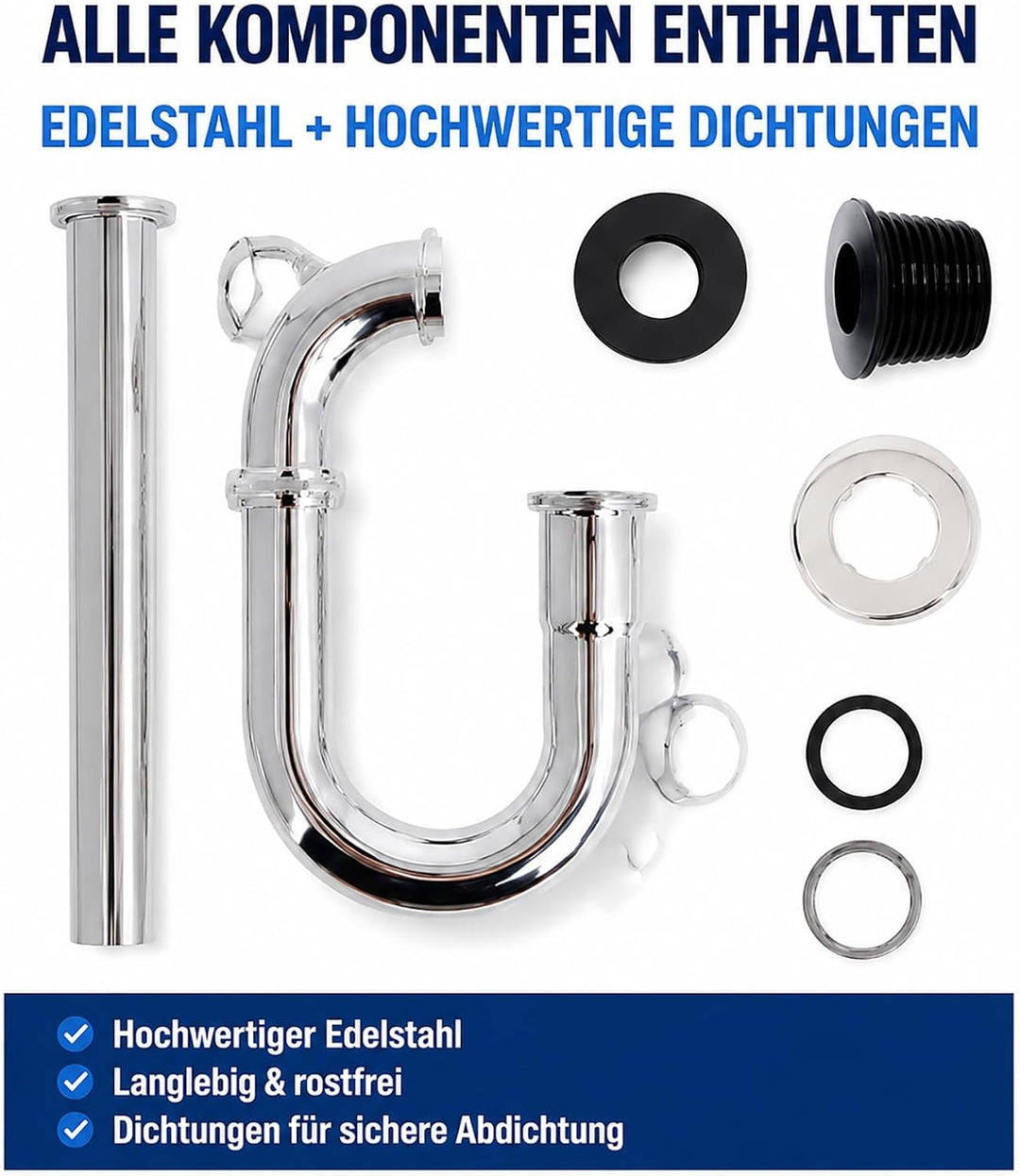 Universal Siphon Waschbecken 200mm Extra Lang G1-1/4" Edelstahl Abflussrohr, Ablaugarnitur Waschbeck