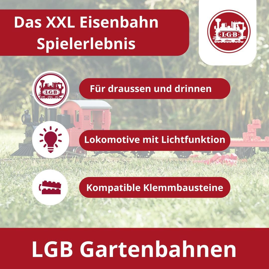 LGB – 90463 Gartenbahn Starterset Klemmbausteinzug mit Lokomotive und zwei Waggons, Outdoor-Eisenbah