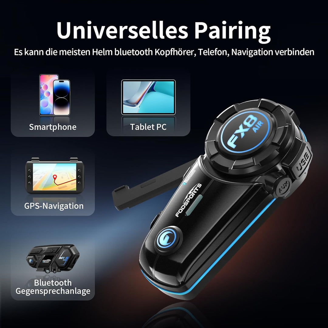 Fodsports FX8 AIR Motorrad Headset, Motorradhelm Headset für bis zu 6 Motorräder mit 1500m Reichweit