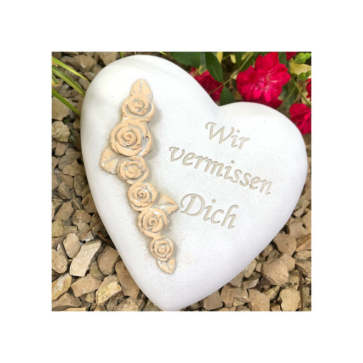 Radami XXL Grabherz Spruch Grabschmuck Grab Herz - Wir vermissen Dich - ca.1200g Rosenranke Sand