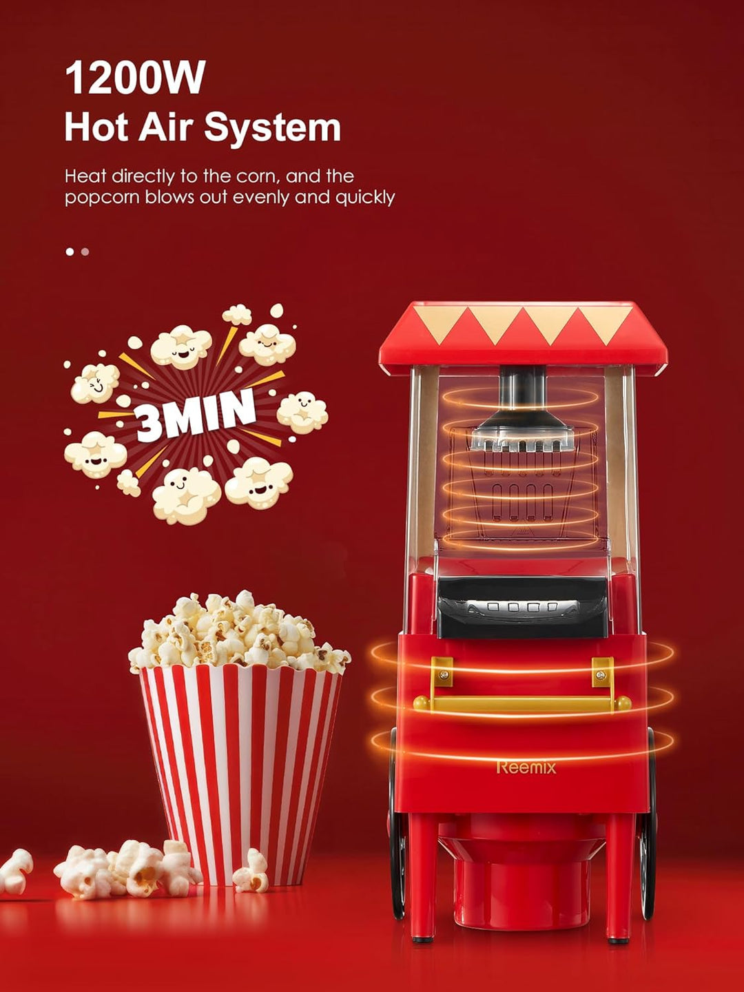 Popcornmaschine, Reemix Popcorn Maker für Zuhause, 2 Minuten schnelles,Fat Free,Oil-Free, leistungss