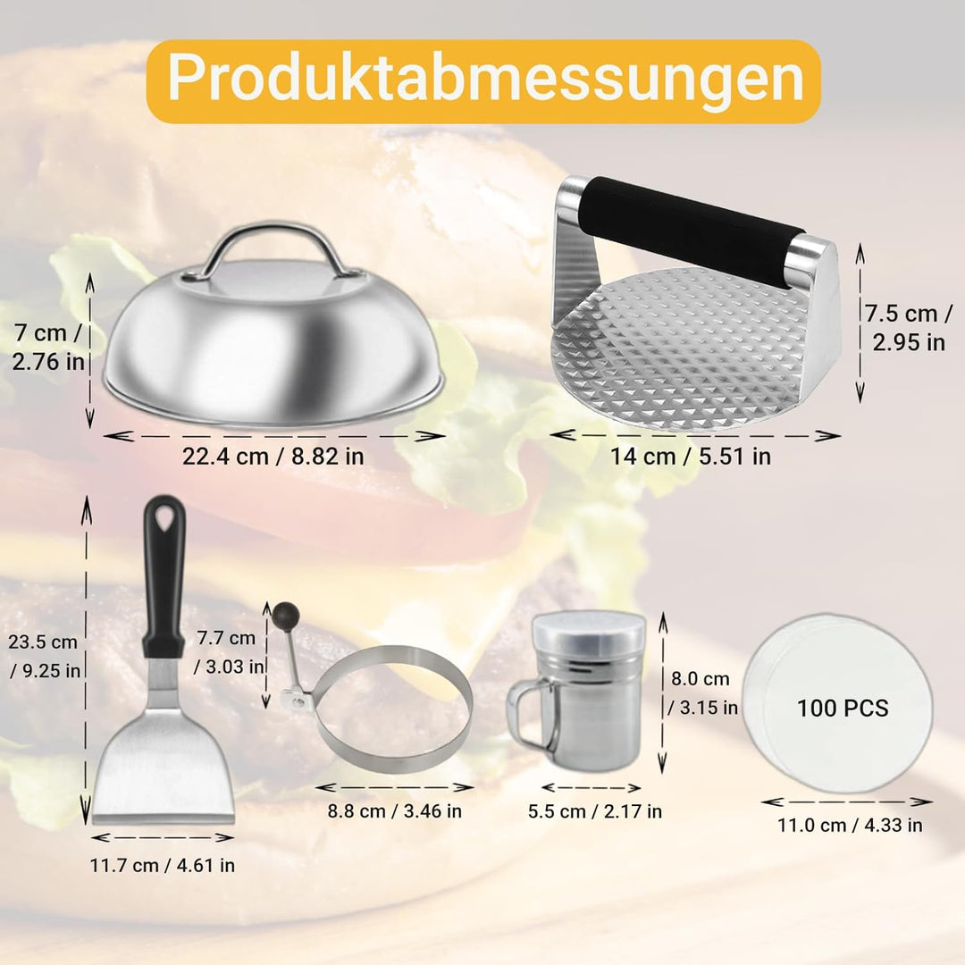 GoHZQ Edelstahl-Burgerpresse mit strukturierter Oberfläche für saftigere Patties, 6 Stück Smash-Burg