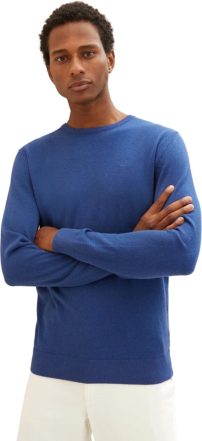 TOM TAILOR Herren Basic Crewneck Strickpullover L 32618-hockey Blue Dark Melange, L 32618-hockey Blu