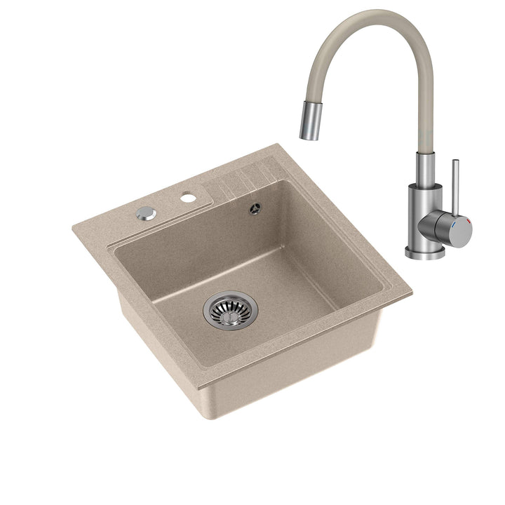 VBChome Spüle mit Armatur 52 x 50 cm Beige Tiefes Becken Küche Einbauspüle Verbundspüle Küchenspüle