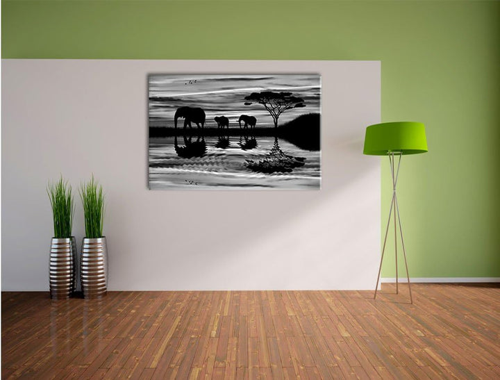 Pixxprint Monocrome, Afrika Elefant in Sonnenschein, Format: 100x70 auf Leinwand, 100x70