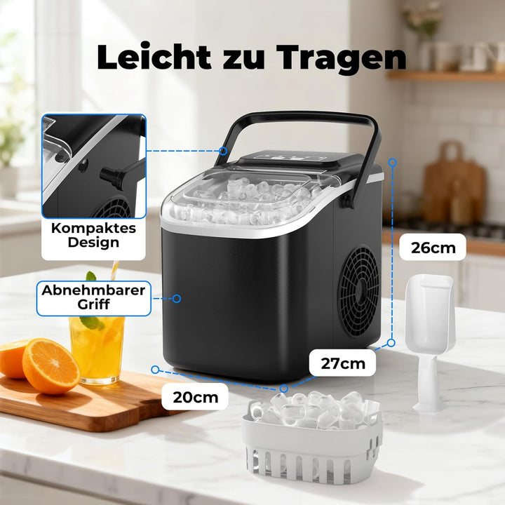 Eiswürfelmaschine 12KG/24H, Eiswürfelmaschine Klein 1,2L, Selbstreinigend Ice Maker mit Griff-Eiswür