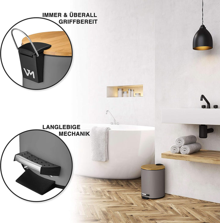 VMbathrooms 5L Kosmetikeimer in edlem grauem Design | Tretmülleimer mit Absenkautomatik (Soft Close)