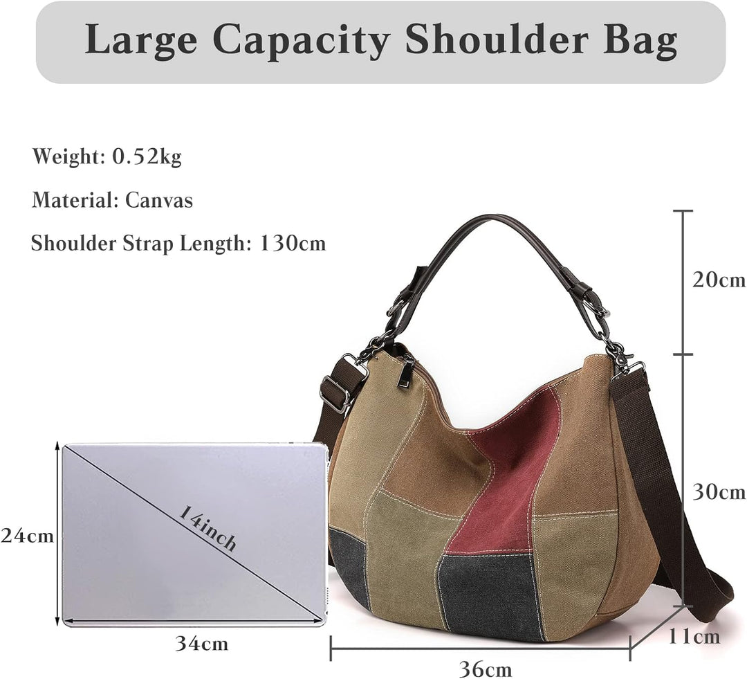 PORRASSO Retro Schultertasche Canvas Umhängetasche Damen Handtasche Hobotasche Crossbody Bag für Arb