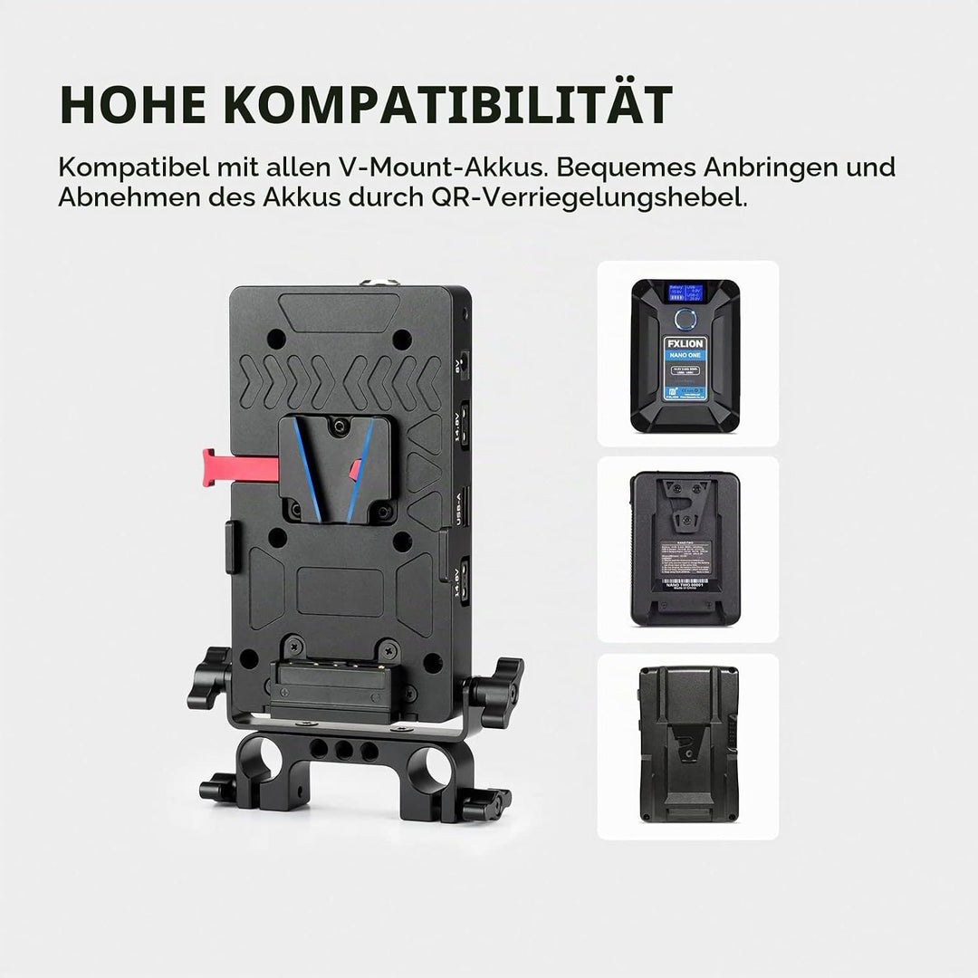 Nitze V Mount Battery Plate mit 15mm Stangenklemme, V Mount Batterieplatte mit USB-A/USB-C/D-Tap/DC-