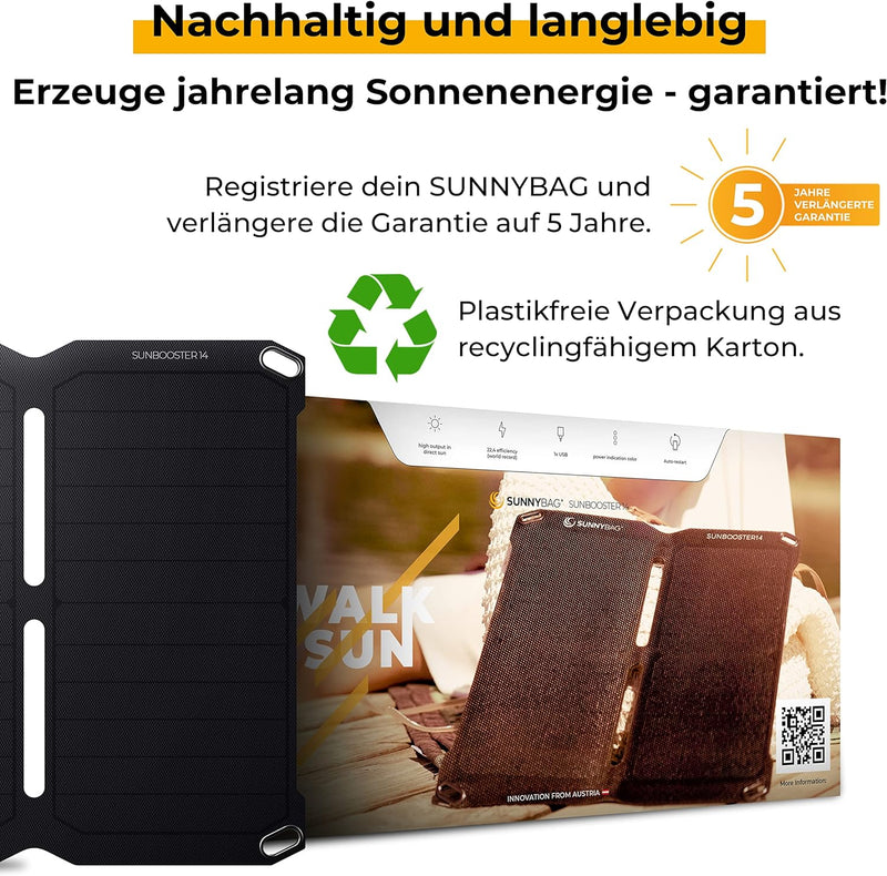 Sunnybag SUNBOOSTER 14 | Tragbares Solarladegerät mit 14 Watt | Faltbar, effizient, wasserfest | 2 U