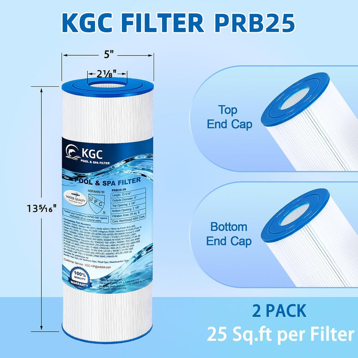 KGC PRB25-IN Spa Filterkartusche 2 Stück — NSF/ANSI 50 Zertifiziert Trilobal-Gewebe Ersatzfilter für