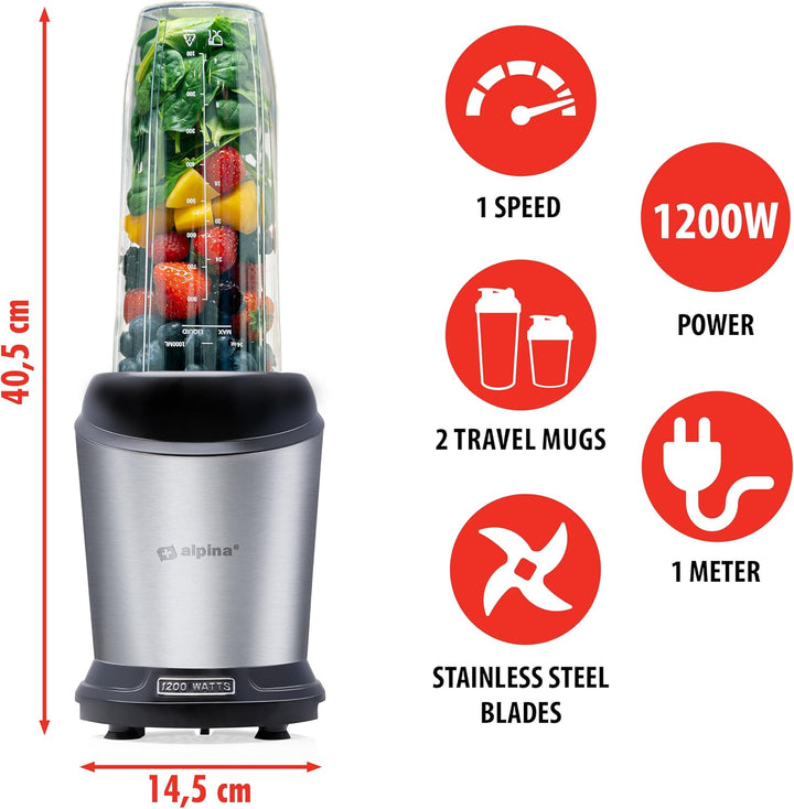 alpina Smoothie Maker 1200 W - Mixer 1L - Mixer Smoothie Maker - mit 500 ML Mitnehmbecher und Deckel